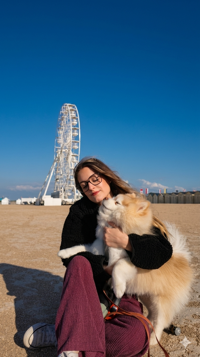 Solène avec un chien sur la plage